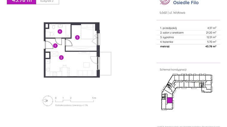 Rzut - Mieszkanie na sprzedaż 2 pokoje o powierzchni 43,78 m² - numer 2.A.1.02 w Murapol Osiedle Filo etap II