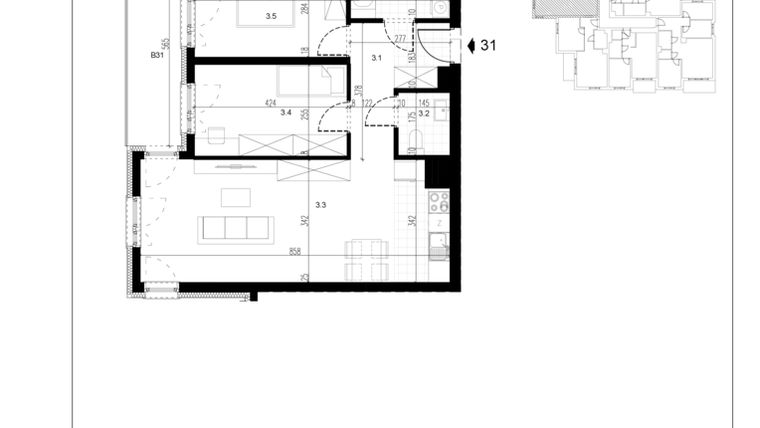 Rzut - Mieszkanie na sprzedaż 3 pokoje o powierzchni 65,29 m² - numer M31 w Trybuny Ludów 3