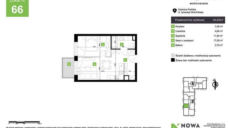 Rzut - Mieszkanie na sprzedaż 2 pokoje o powierzchni 40,83 m² - numer M66 w Nowa Częstochowa Mościckiego