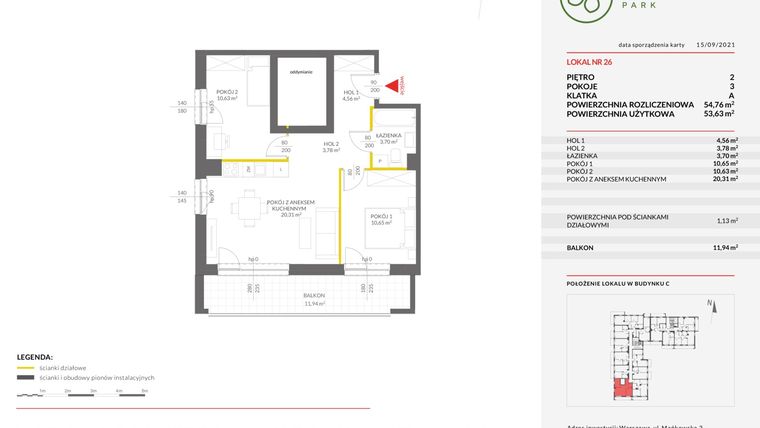 Rzut - Mieszkanie na sprzedaż 3 pokoje o powierzchni 54,76 m² - numer 26C w Olchowy Park IV