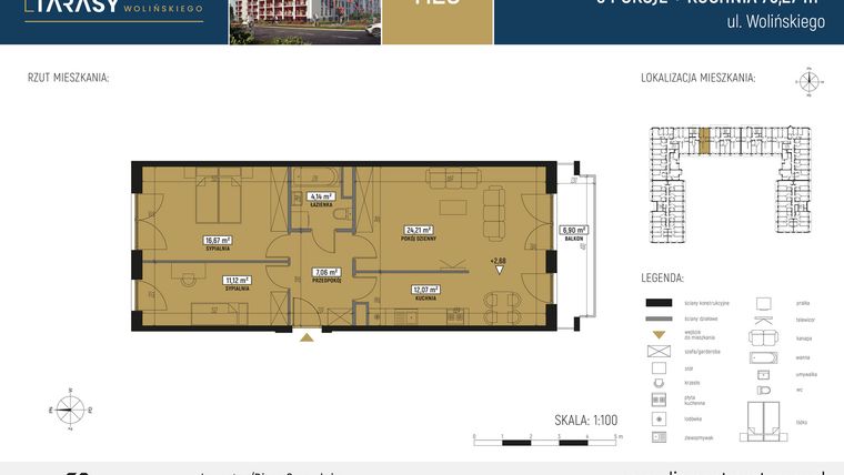 Rzut - Mieszkanie na sprzedaż 3 pokoje o powierzchni 75,46 m² - numer M23 w Diamentowe Tarasy
