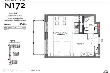 Rzut - Mieszkanie na sprzedaż 1 pokój o powierzchni 34,31 m² - numer 01.03 w Naramowicka 172