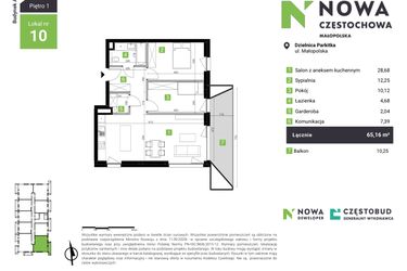 Rzut - Mieszkanie na sprzedaż 3 pokoje o powierzchni 65,16 m² - numer A10 w Nowa Częstochowa Małopolska
