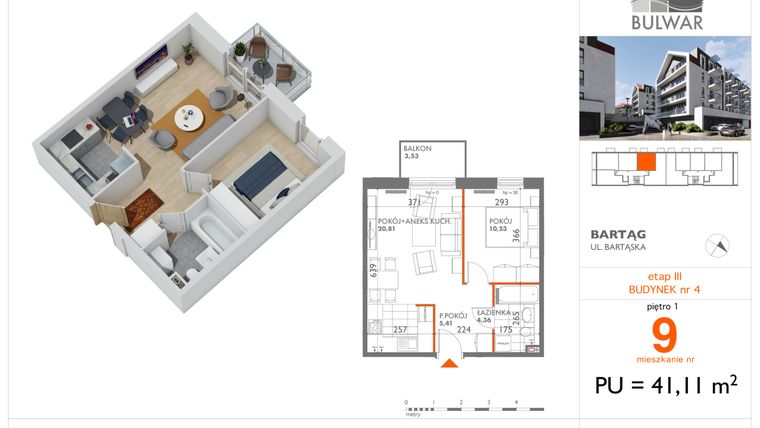 Rzut - Mieszkanie na sprzedaż 2 pokoje o powierzchni 41,11 m² - numer 9 w Osiedle Bulwar bud. 4