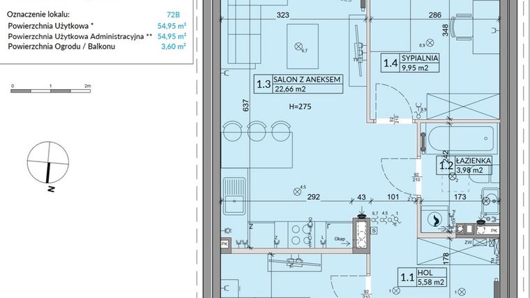Rzut - Mieszkanie na sprzedaż 3 pokoje o powierzchni 54,95 m² - numer 72B w Osiedle Młodych etap VII