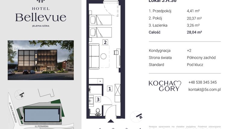Rzut - Mieszkanie na sprzedaż 1 pokój o powierzchni 28,04 m² - numer 36 w Hotel Bellevue