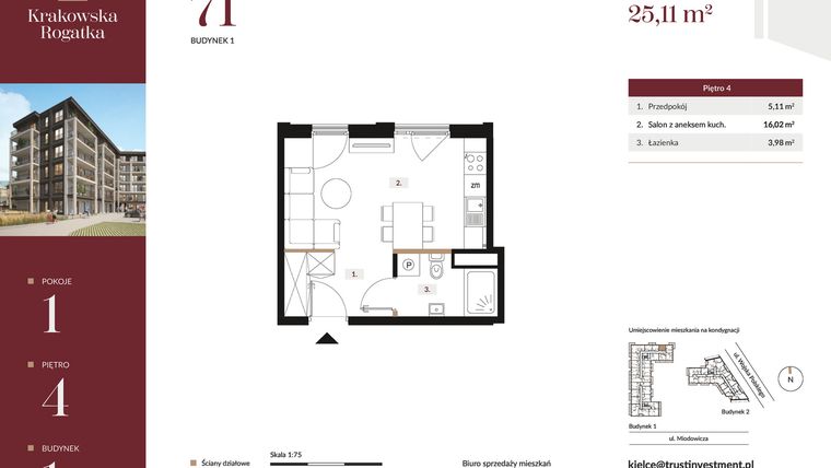 Rzut - Mieszkanie na sprzedaż 1 pokój o powierzchni 25,11 m² - numer 1.M71 w Krakowska Rogatka