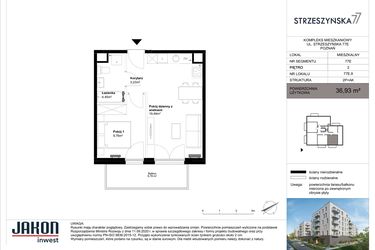 Rzut - Mieszkanie na sprzedaż 2 pokoje o powierzchni 36,93 m² - numer 77E.8 w Strzeszyńska 77