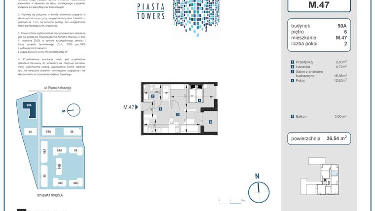 Rzut - Mieszkanie na sprzedaż 2 pokoje o powierzchni 36,54 m² - numer 47 w Piasta Towers bud. 90A