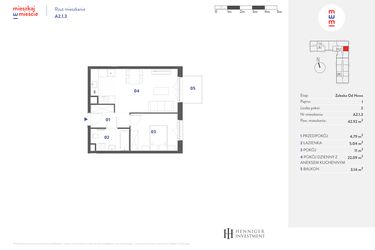 Rzut - Mieszkanie na sprzedaż 2 pokoje o powierzchni 42,92 m² - numer A2.1.3 w Mieszkaj w mieście Załęska od Nowa