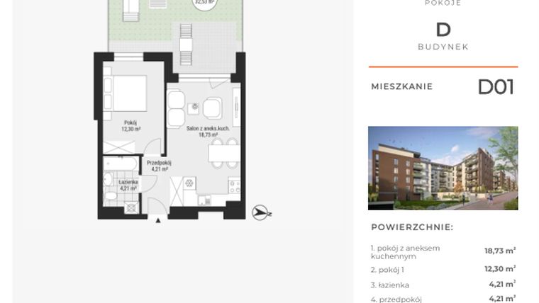 Rzut - Mieszkanie na sprzedaż 2 pokoje o powierzchni 39,45 m² - numer D01 w Na Koszutce II