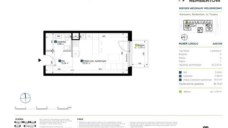 Rzut - Mieszkanie na sprzedaż 1 pokój o powierzchni 28,73 m² - numer AA0104 w Stacja Rembertów