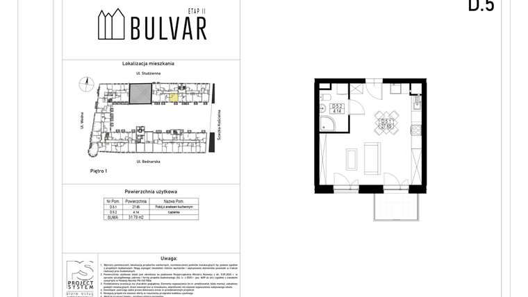 Rzut - Mieszkanie na sprzedaż 1 pokój o powierzchni 31,79 m² - numer D5 w Bulvar etap II
