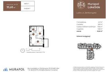 Rzut - Mieszkanie na sprzedaż 2 pokoje o powierzchni 35,65 m² - numer 1.B.1.02 w Murapol LakeSide