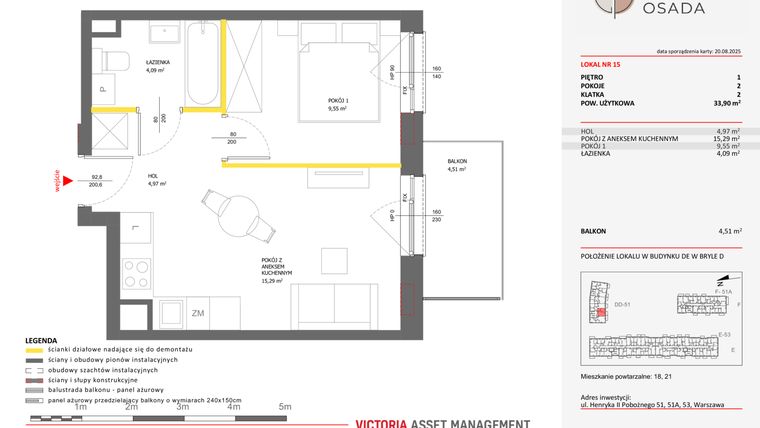 Rzut - Mieszkanie na sprzedaż 2 pokoje o powierzchni 33,9 m² - numer D.15 w Piastova Osada