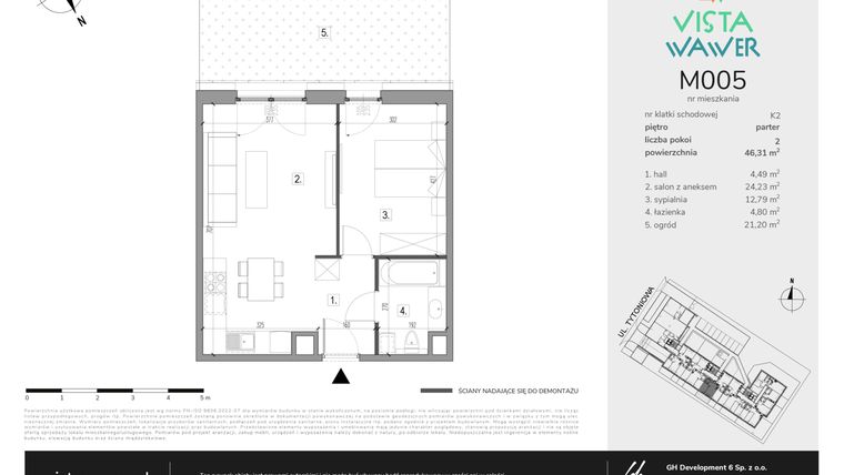 Rzut - Mieszkanie na sprzedaż 2 pokoje o powierzchni 46,31 m² - numer M005 w Vista Wawer