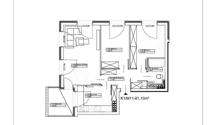 Rzut - Mieszkanie na sprzedaż 3 pokoje o powierzchni 61,1 m² - numer B1-K1-M11 w Leśmiana III