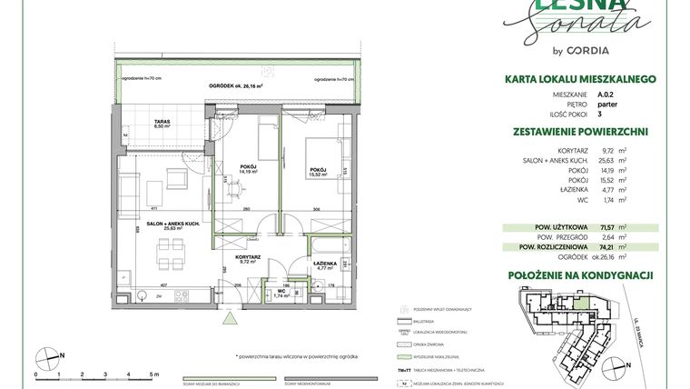 Rzut - Mieszkanie na sprzedaż 3 pokoje o powierzchni 74,35 m² - numer A.0.2 w Leśna Sonata