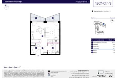 Rzut - Mieszkanie na sprzedaż 1 pokój o powierzchni 30,64 m² - numer 11 w Osiedle Neonowe