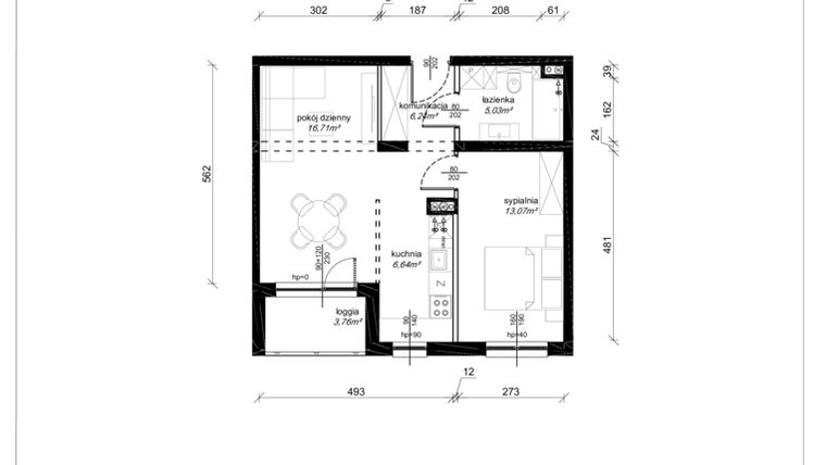 Rzut - Mieszkanie na sprzedaż 2 pokoje o powierzchni 47,71 m² - numer A.2.13.2k w Art.Teo
