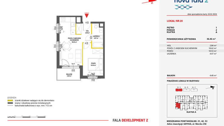 Rzut - Mieszkanie na sprzedaż 2 pokoje o powierzchni 36,46 m² - numer 20 w Miasteczko Nova Fala 2
