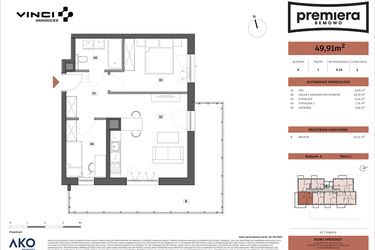 Rzut - Mieszkanie na sprzedaż 3 pokoje o powierzchni 49,91 m² - numer A.10 w Premiera Bemowo