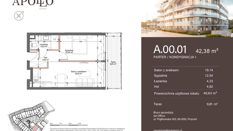 Rzut - Mieszkanie na sprzedaż 2 pokoje o powierzchni 42,38 m² - numer A.0.01 w Apollo Residence