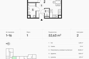 Rzut - Mieszkanie na sprzedaż 2 pokoje o powierzchni 52,63 m² - numer 1-16 w Pączka 1
