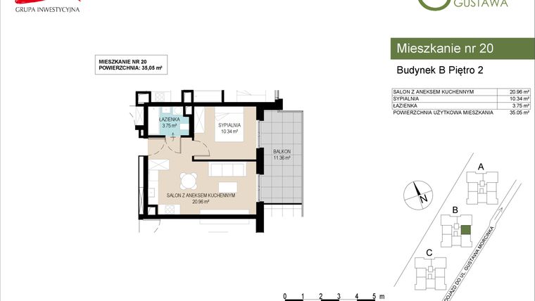 Rzut - Mieszkanie na sprzedaż 2 pokoje o powierzchni 35,05 m² - numer B20 w Wzgórze Gustawa