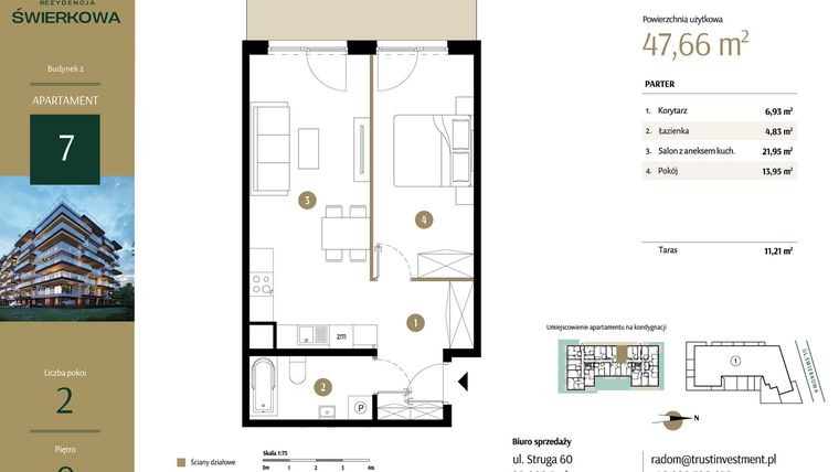 Rzut - Mieszkanie na sprzedaż 2 pokoje o powierzchni 47,66 m² - numer M.7 w Rezydencja Świerkowa - etap II