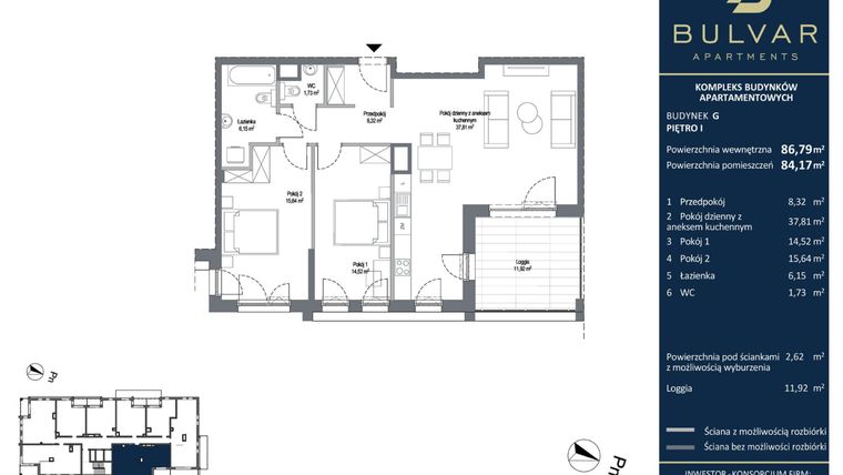 Rzut - Mieszkanie na sprzedaż 3 pokoje o powierzchni 87,03 m² - numer G.2.16 w Bulvar Apartments - etap I