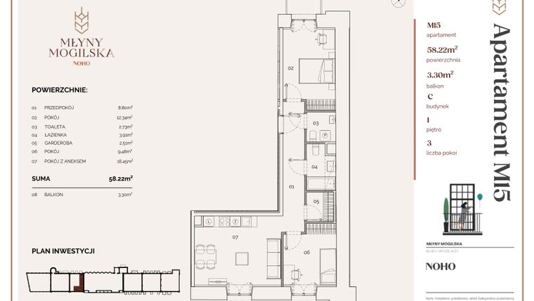 Rzut - Mieszkanie na sprzedaż 3 pokoje o powierzchni 58,21 m² - numer C.15 w Młyny Mogilska