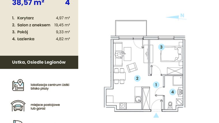 Rzut - Mieszkanie na sprzedaż 2 pokoje o powierzchni 38,57 m² - numer 4.10 w Ustka Flow