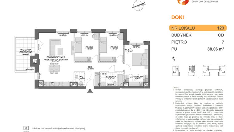 Rzut - Mieszkanie na sprzedaż 4 pokoje o powierzchni 88,06 m² - numer CD.123 w DOKI Living