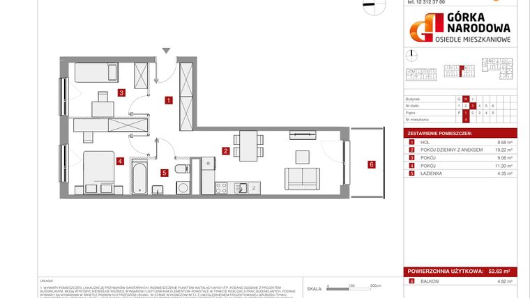 Rzut - Mieszkanie na sprzedaż 3 pokoje o powierzchni 52,63 m² - numer GN_4_1_H_4 w Osiedle Górka Narodowa