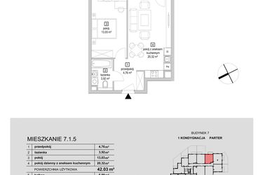 Rzut - Mieszkanie na sprzedaż 2 pokoje o powierzchni 42,03 m² - numer 7.1.5 w Osiedle Przyjemne IV