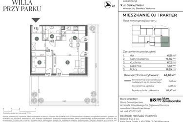 Rzut - Mieszkanie na sprzedaż 3 pokoje o powierzchni 45,69 m² - numer 0.I w Willa przy parku