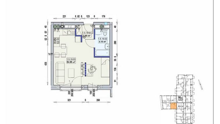 Rzut - Mieszkanie na sprzedaż 1 pokój o powierzchni 32,44 m² - numer 1/5/19/1a w Gwarna