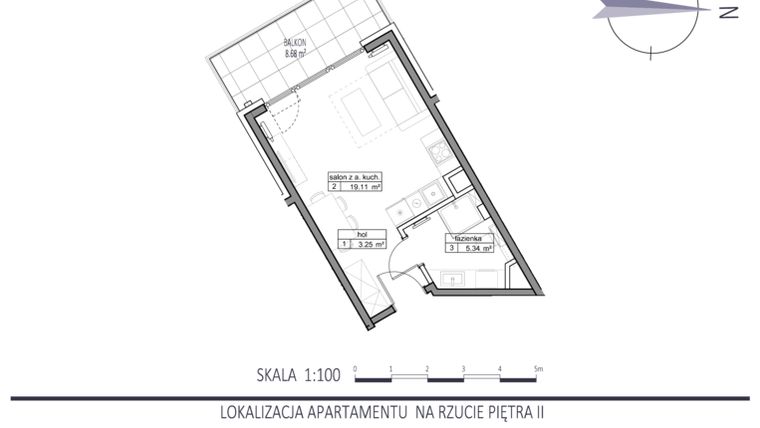 Rzut - Mieszkanie na sprzedaż 1 pokój o powierzchni 27,7 m² - numer F19 w Apartamenty na Klifie bud. D, E i F