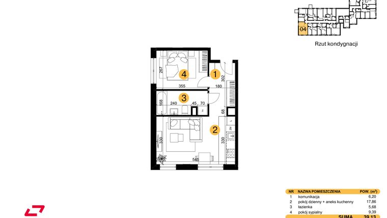 Rzut - Mieszkanie na sprzedaż 2 pokoje o powierzchni 39,13 m² - numer M04 w Punkt Wola