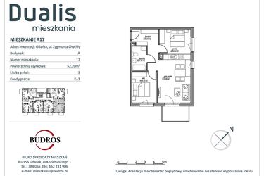 Rzut - Mieszkanie na sprzedaż 3 pokoje o powierzchni 52,2 m² - numer A17 w Dualis