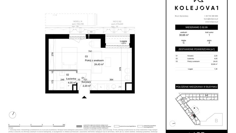 Rzut - Mieszkanie na sprzedaż 1 pokój o powierzchni 30,68 m² - numer C-02-09 w Kolejova 1