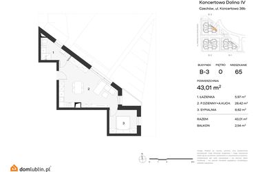 Rzut - Mieszkanie na sprzedaż 2 pokoje o powierzchni 43,01 m² - numer 65 w Koncertowa Dolina