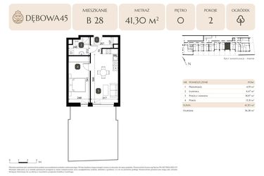 Rzut - Mieszkanie na sprzedaż 2 pokoje o powierzchni 41,3 m² - numer B.28 w Dębowa 45
