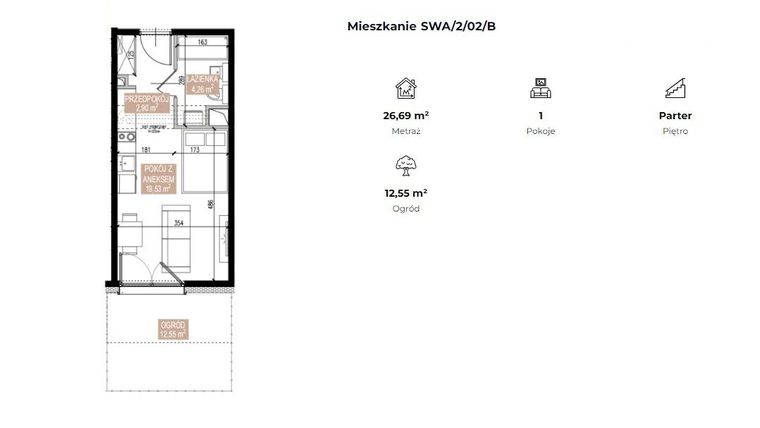 Rzut - Mieszkanie na sprzedaż 1 pokój o powierzchni 26,55 m² - numer SWA/2/02/B w Apartamenty Świeradowska
