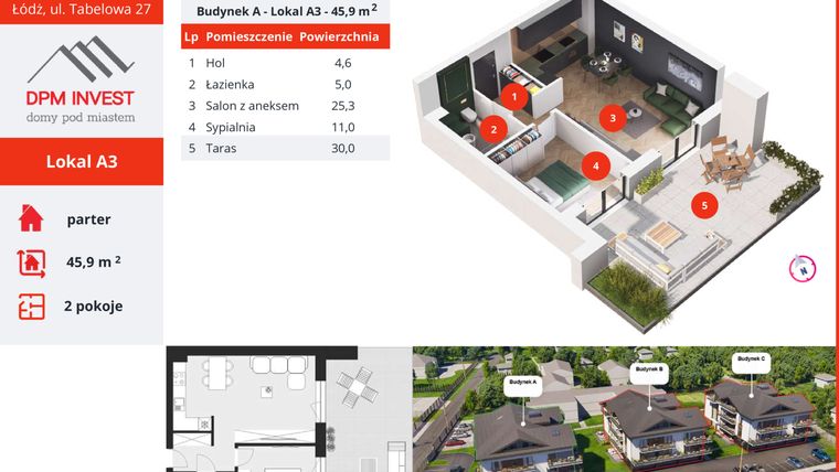 Rzut - Mieszkanie na sprzedaż 2 pokoje o powierzchni 45,9 m² - numer A3 w Apartamenty Tabelowa