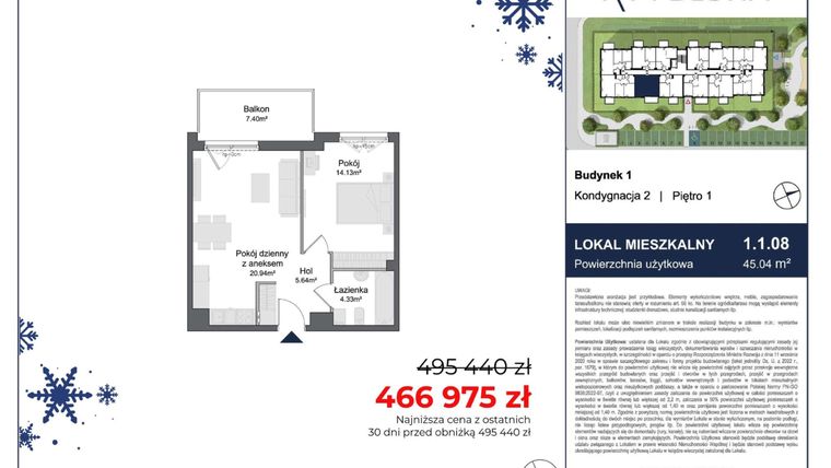 Rzut - Mieszkanie na sprzedaż 2 pokoje o powierzchni 45,04 m² - numer 1.1.08 w Rytelska