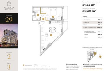 Rzut - Mieszkanie na sprzedaż 2 pokoje o powierzchni 51,55 m² - numer 29 w Rezydencja Centrum