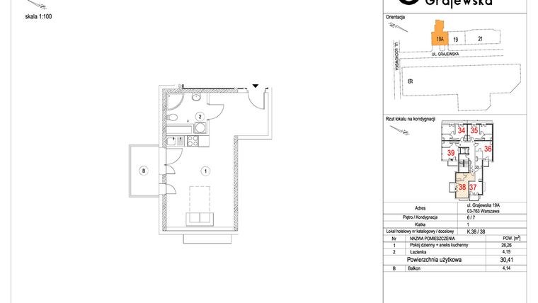 Rzut - Mieszkanie na sprzedaż 1 pokój o powierzchni 30,43 m² - numer M-38 w Apartamenty Grajewska