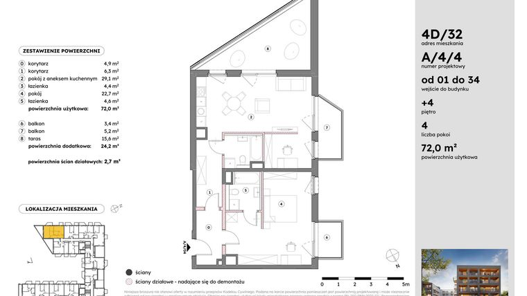 Rzut - Mieszkanie na sprzedaż 2 pokoje o powierzchni 72,06 m² - numer A/4/4 w Osiedle Mateckiego 4ALL